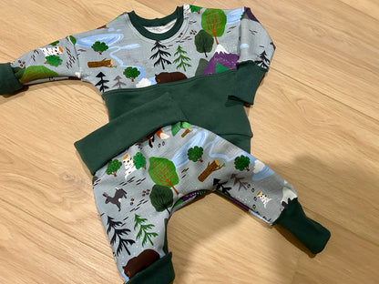 Green Woodland Grow with me dolman pullover and pants set