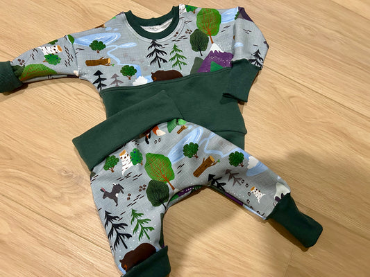 Green Woodland Grow with me dolman pullover and pants set