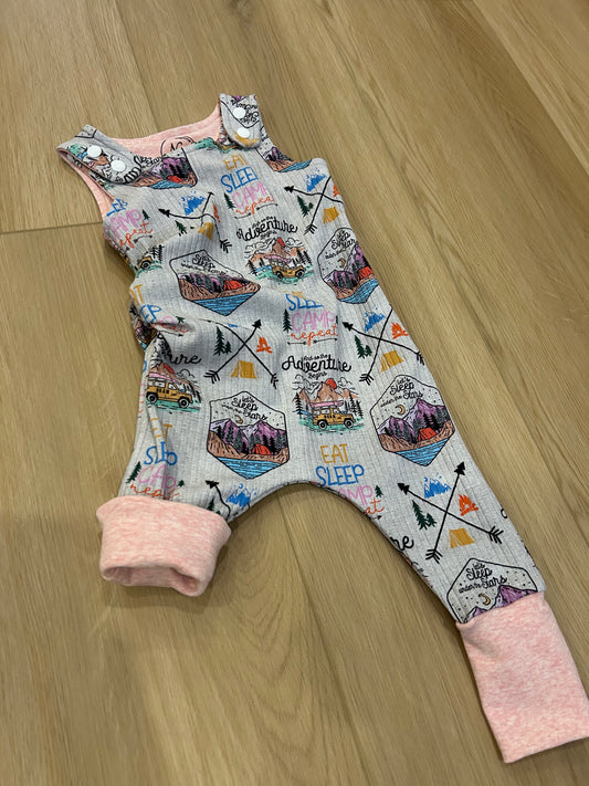 Pink camping grow with me romper
