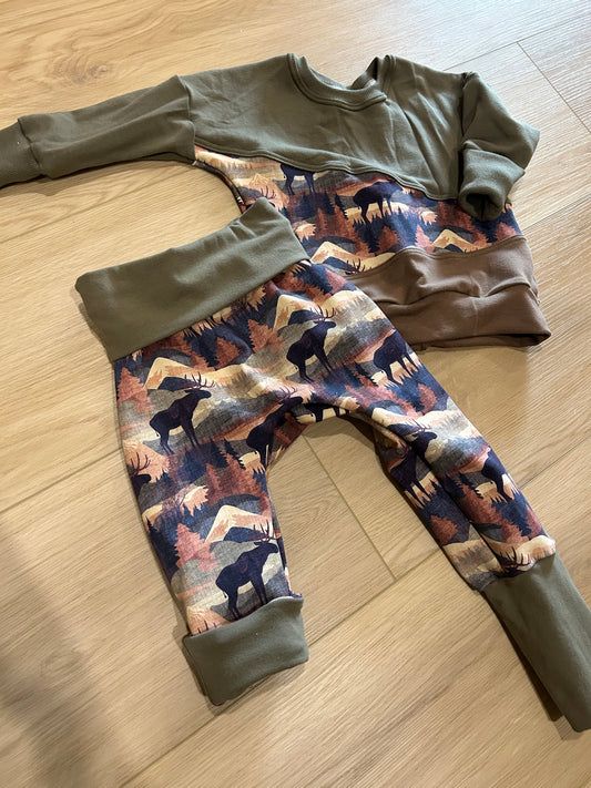 Patchwork Moose Grow with me dolman pullover and pants set